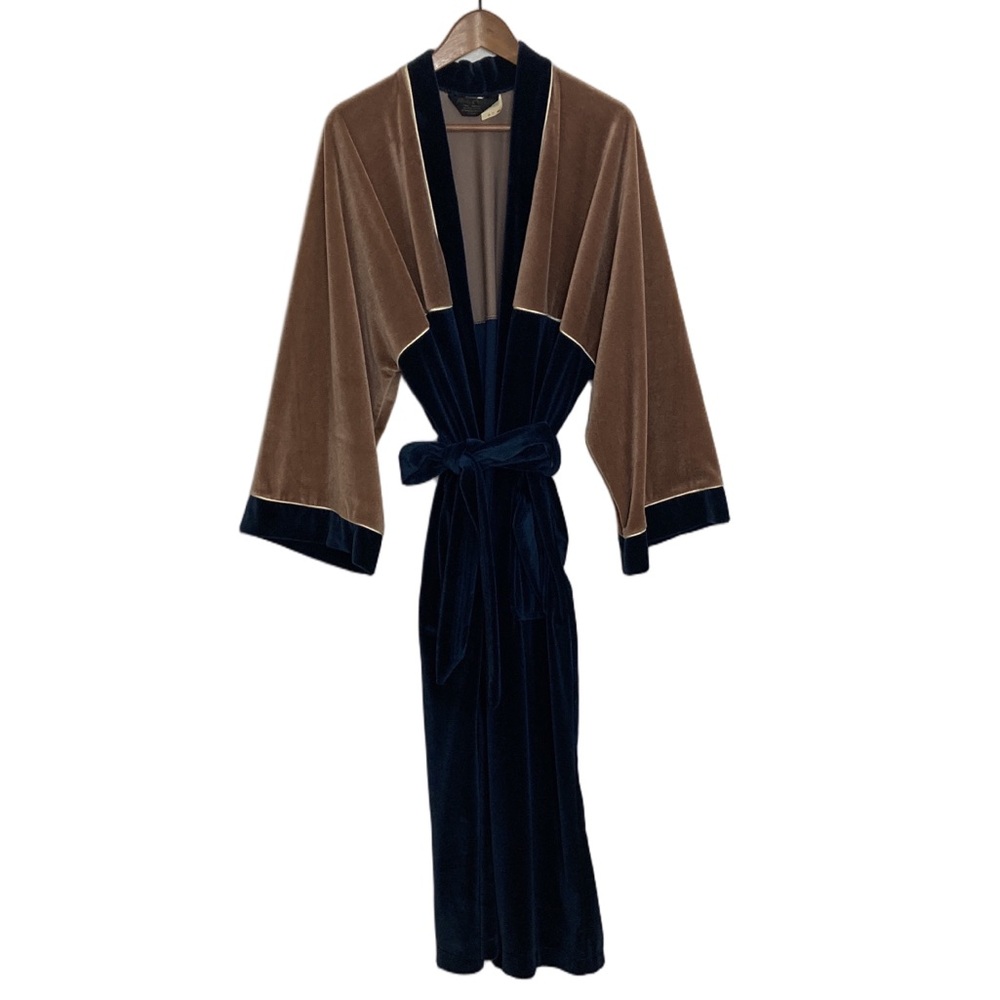 Vintage Robe Mens One Size Navy Blue Tan Velour Pierre Cardin 70s 80s Lounge